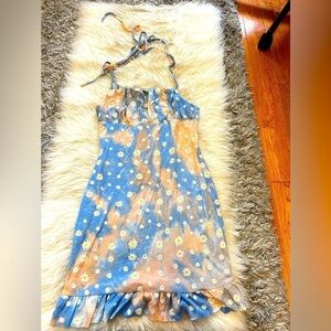 Blue and Orange Floral Print Summer Dress